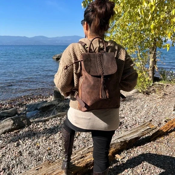 SALE BOHO CHIC Genuine brown buffalo leather bag backpack flap tassel New - Picture 4 of 12